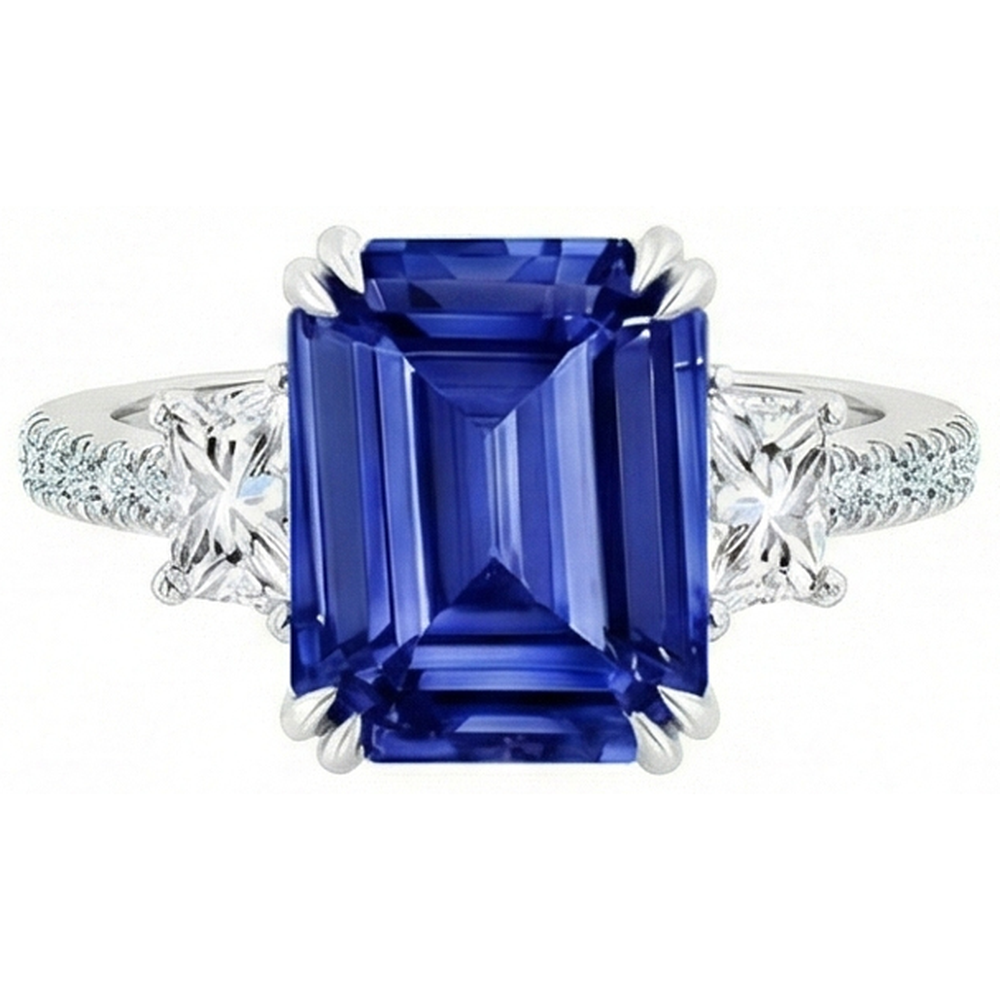 3 Stone Style Sri Lankan Sapphire Ring With Trapezoids 11.50 Carats