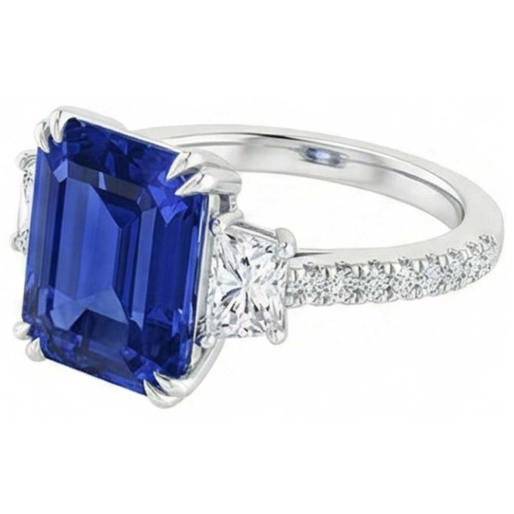 3 Stone Style Sri Lankan Sapphire Ring With Trapezoids 11.50 Carats