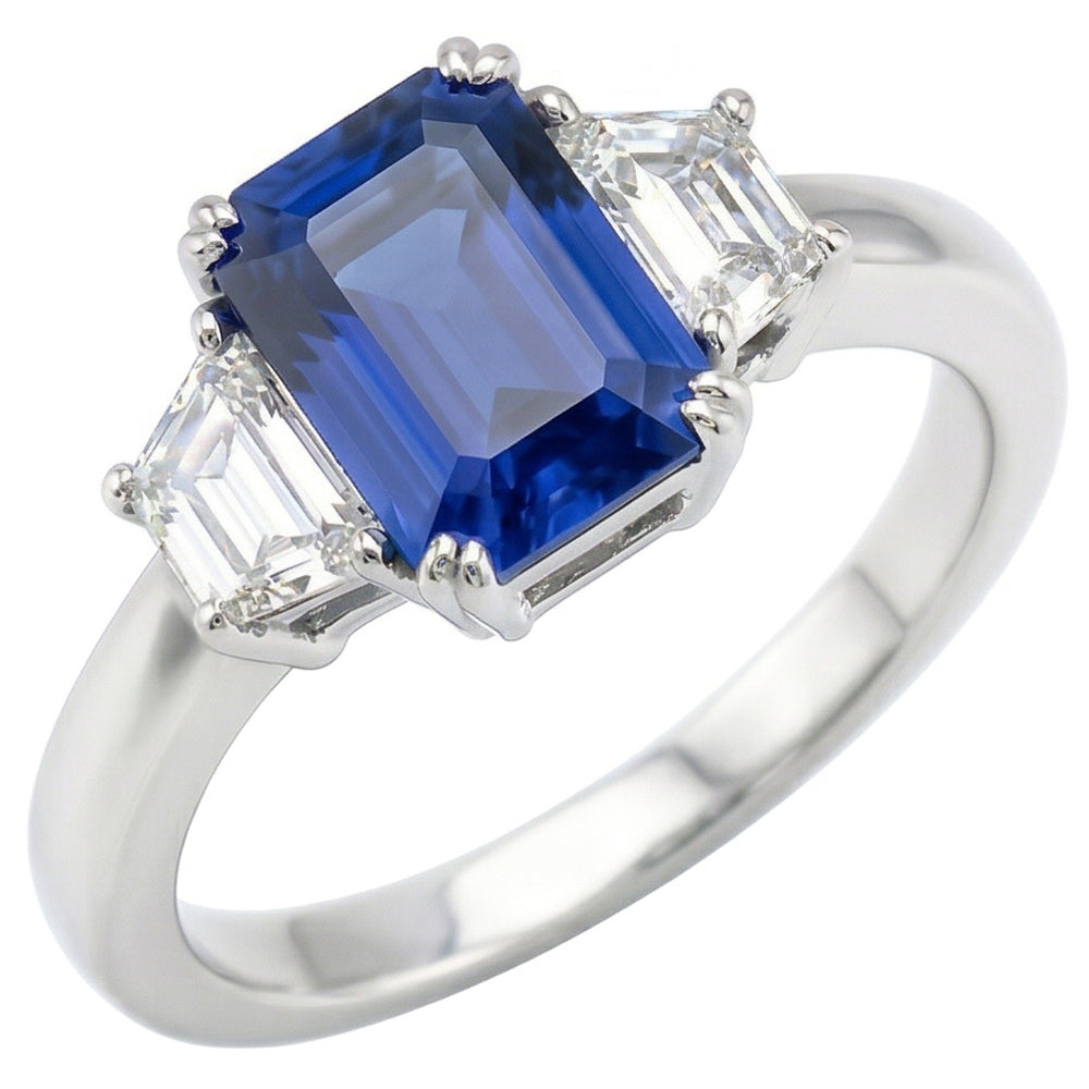 3 Stone Trapezoid Natural Earth Mined Diamond Jewellery 3 Carat Radiant Ceylon Sapphire Ring