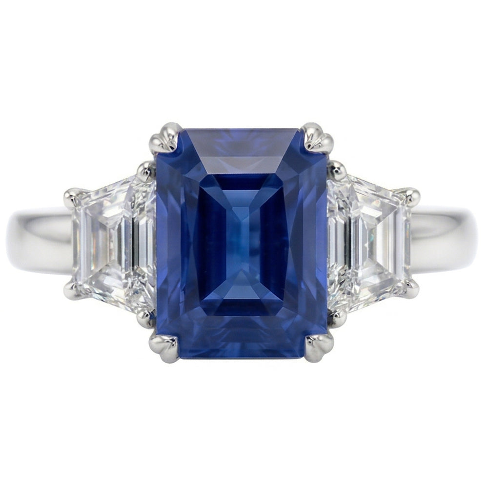 3 Stone Trapezoid Natural Earth Mined Diamond Jewellery 3 Carat Radiant Ceylon Sapphire Ring