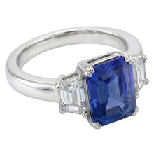 3 Stone Trapezoid Natural Earth Mined Diamond Jewellery 3 Carat Radiant Ceylon Sapphire Ring