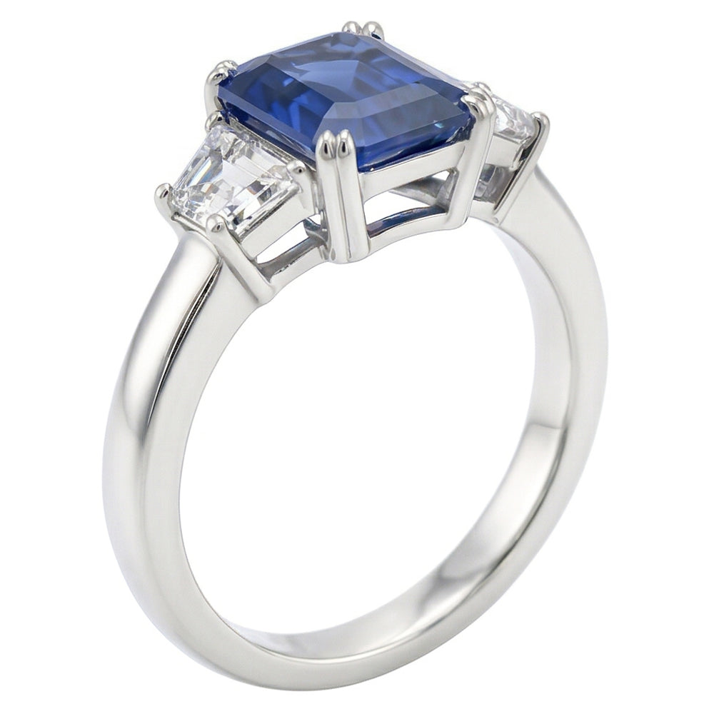 3 Stone Trapezoid Natural Earth Mined Diamond Jewellery 3 Carat Radiant Ceylon Sapphire Ring