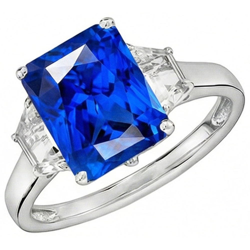 3 Stone Trapezoid Natural Earth Mined Diamond & Radiant Cut Srilanka Sapphire 4 Carats