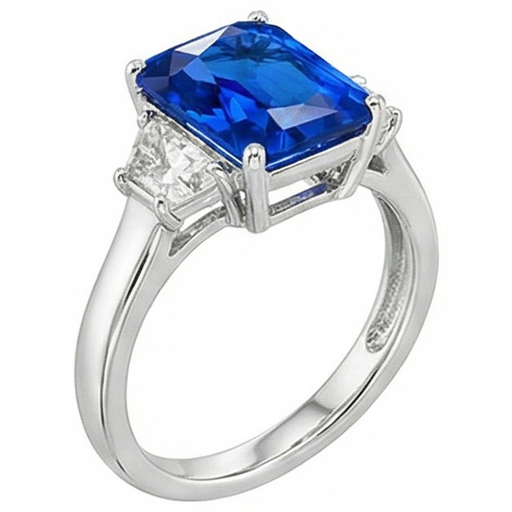 3 Stone Trapezoid Natural Earth Mined Diamond & Radiant Cut Srilanka Sapphire 4 Carats