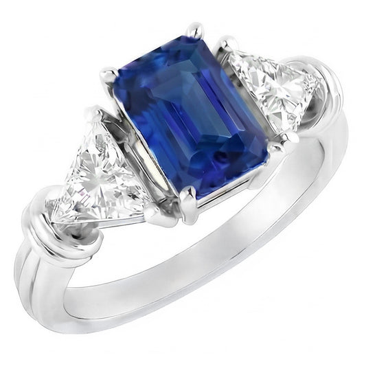 3 Stone Trilliant Natural Earth Mined Diamond Ring 1.50 Carats Radiant Gold Sapphire 14K