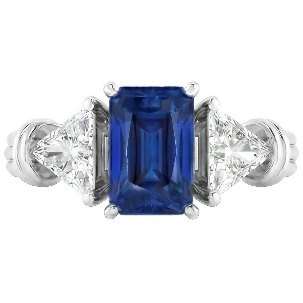 3 Stone Trilliant Natural Earth Mined Diamond Ring 1.50 Carats Radiant Gold Sapphire 14K