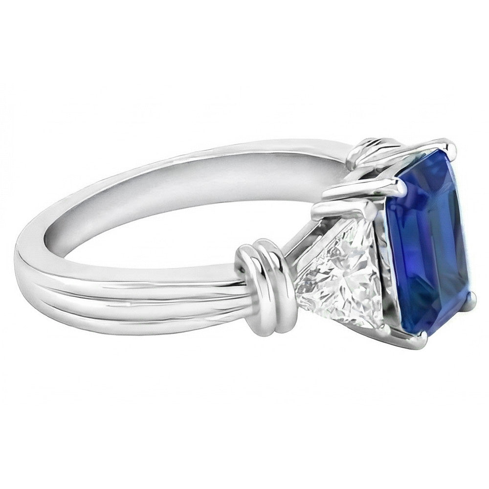 3 Stone Trilliant Natural Earth Mined Diamond Ring 1.50 Carats Radiant Gold Sapphire 14K