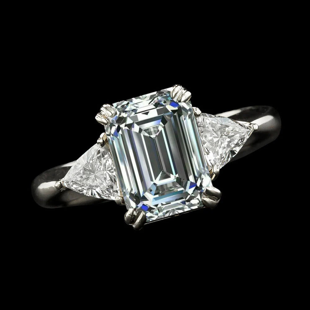 3 Stone Trillion & Emerald Real Diamond Ring Double Prong Set 7.25 Carats