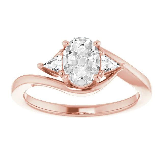 3 Stone Trillion & Oval Old Cut Genuine Diamond Ring Prong Set 4 Carats