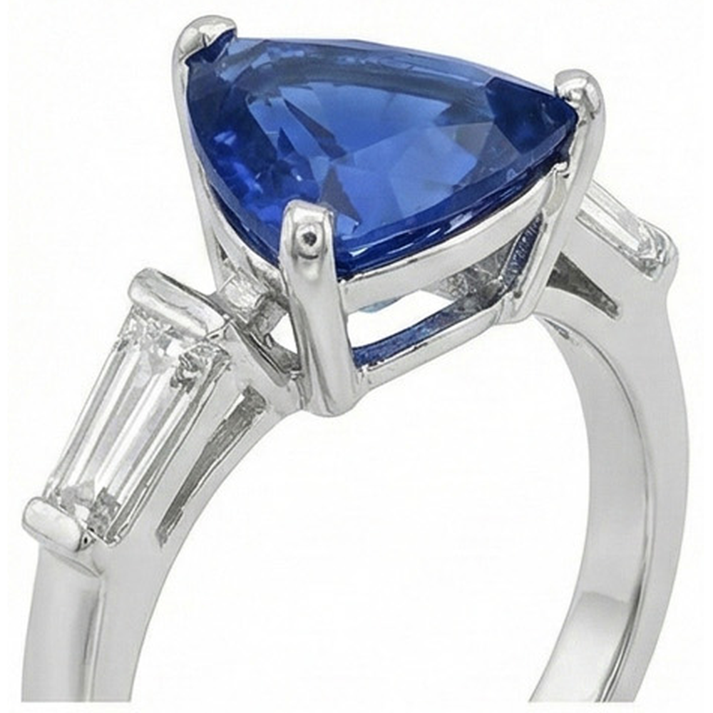 3 Stone Trillion Sapphire Ring Tapered Baguette Natural Earth Mined Diamonds 4.50 Carats