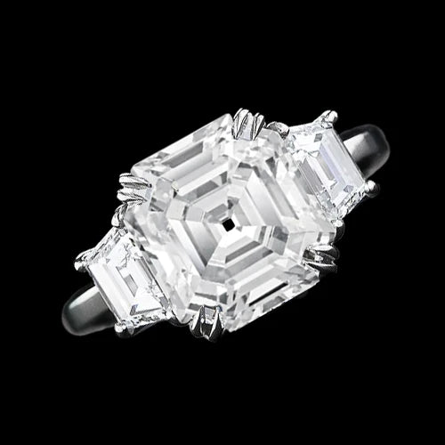 3 Stone Wedding Ring Asscher & Trapezoid Real Diamonds 7.50 Carats 14K Gold