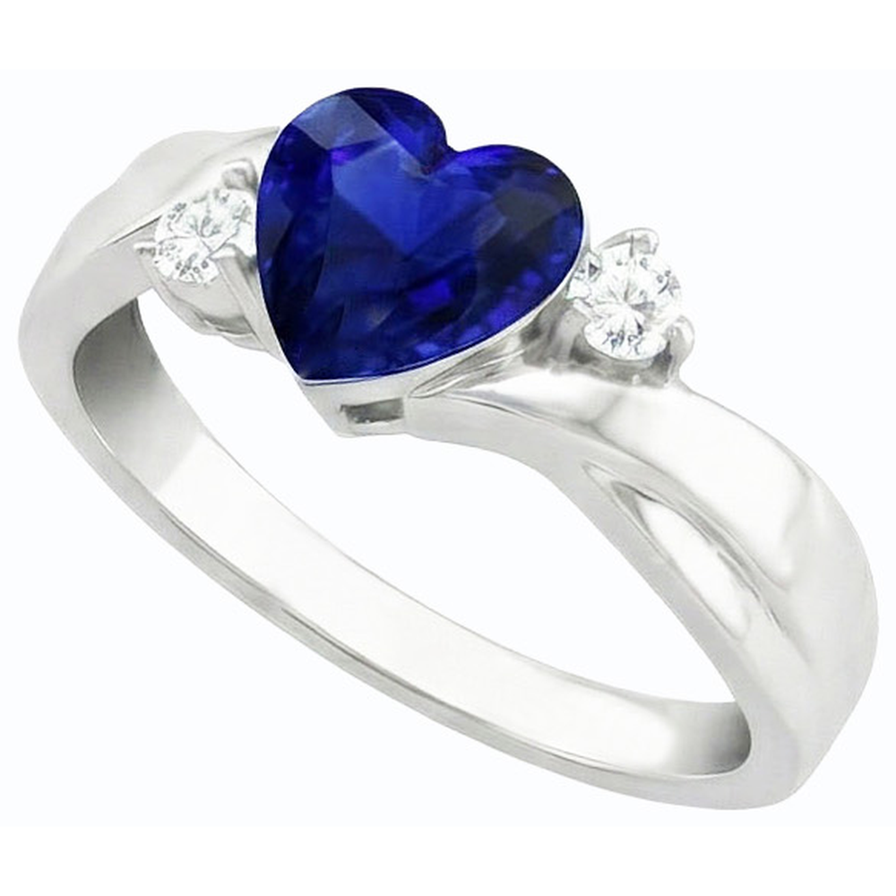 3 Stone Wedding Ring Blue Sapphire Heart & Round Natural Earth Mined Diamonds 1.75 Carats