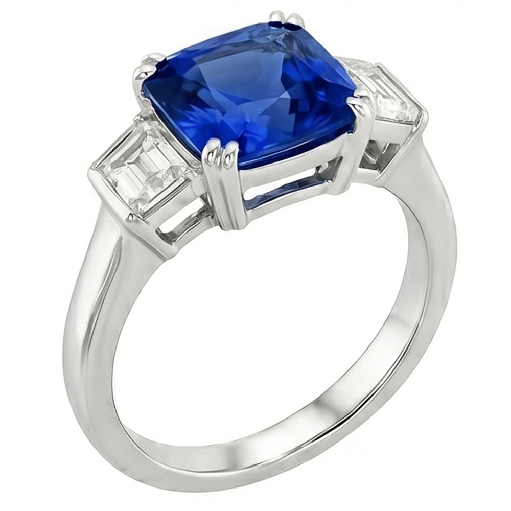 3 Stone Wedding Ring Cushion Sapphire & Trapezoid Natural Earth Mined Diamond 2.50 Carats