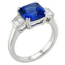3 Stone Wedding Ring Cushion Sapphire & Trapezoid Natural Earth Mined Diamond 2.50 Carats