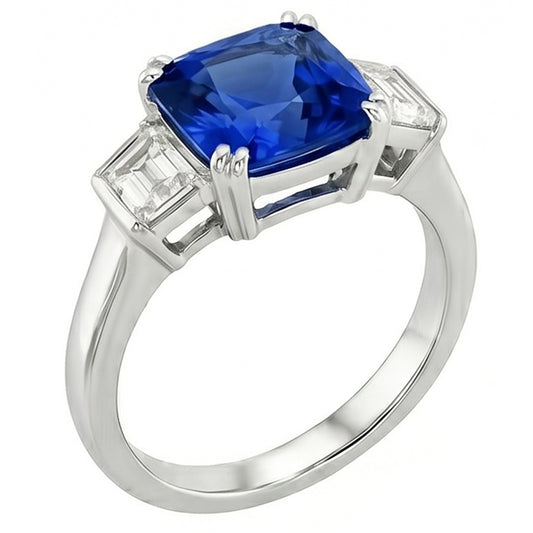 3 Stone Wedding Ring Cushion Sapphire & Trapezoid Natural Earth Mined Diamond 2.50 Carats