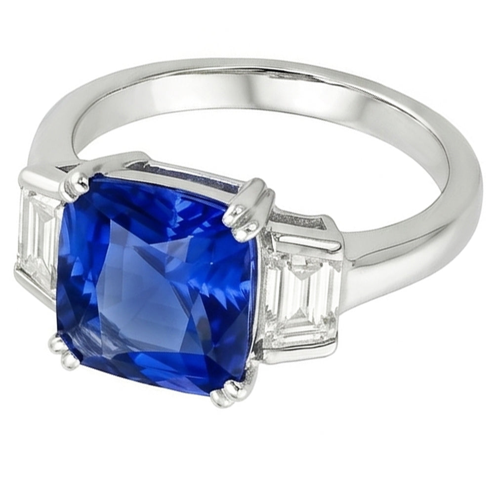 3 Stone Wedding Ring Cushion Sapphire & Trapezoid Natural Earth Mined Diamond 2.50 Carats