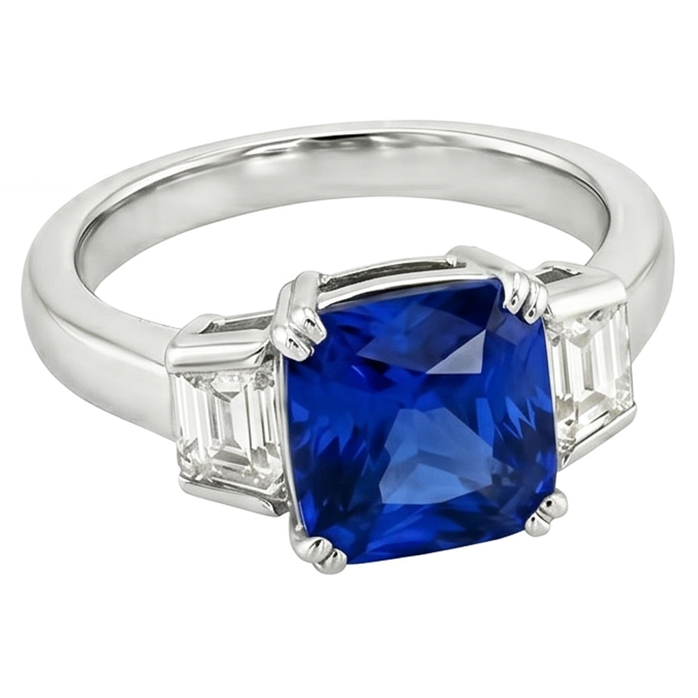 3 Stone Wedding Ring Cushion Sapphire & Trapezoid Natural Earth Mined Diamond 2.50 Carats