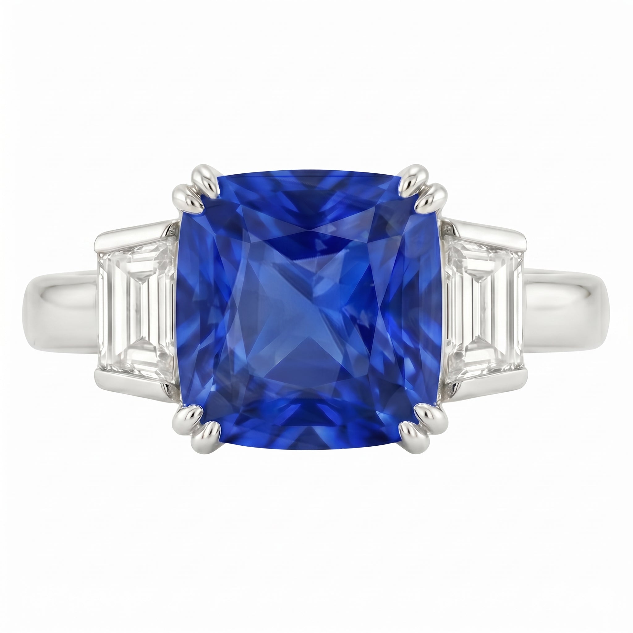 3 Stone Wedding Ring Cushion Sapphire & Trapezoid Natural Earth Mined Diamond 2.50 Carats