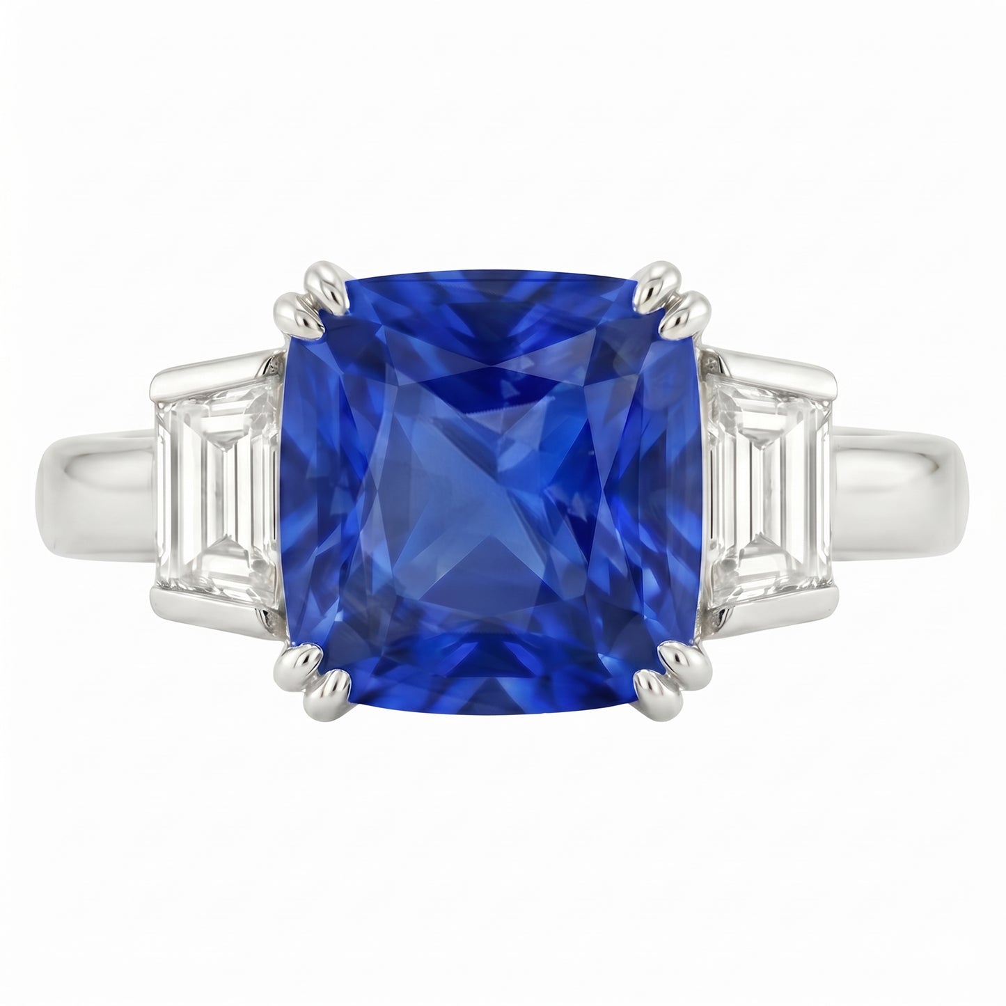 3 Stone Wedding Ring Cushion Sapphire & Trapezoid Natural Earth Mined Diamond 2.50 Carats