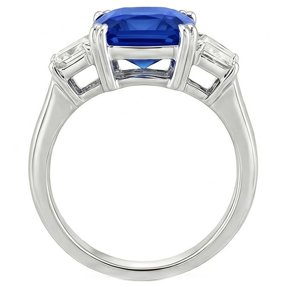 3 Stone Wedding Ring Cushion Sapphire & Trapezoid Natural Earth Mined Diamond 2.50 Carats