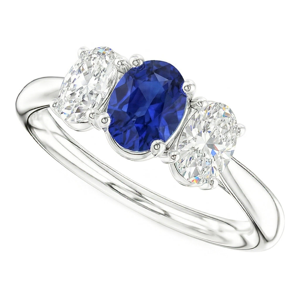 3 Stone Wedding Ring Oval Sapphire 2.50 Carats Tapered Shank Natural Earth Mined Diamonds