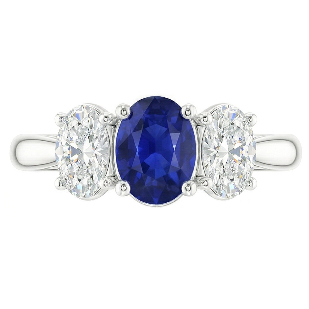 3 Stone Wedding Ring Oval Sapphire 2.50 Carats Tapered Shank Natural Earth Mined Diamonds