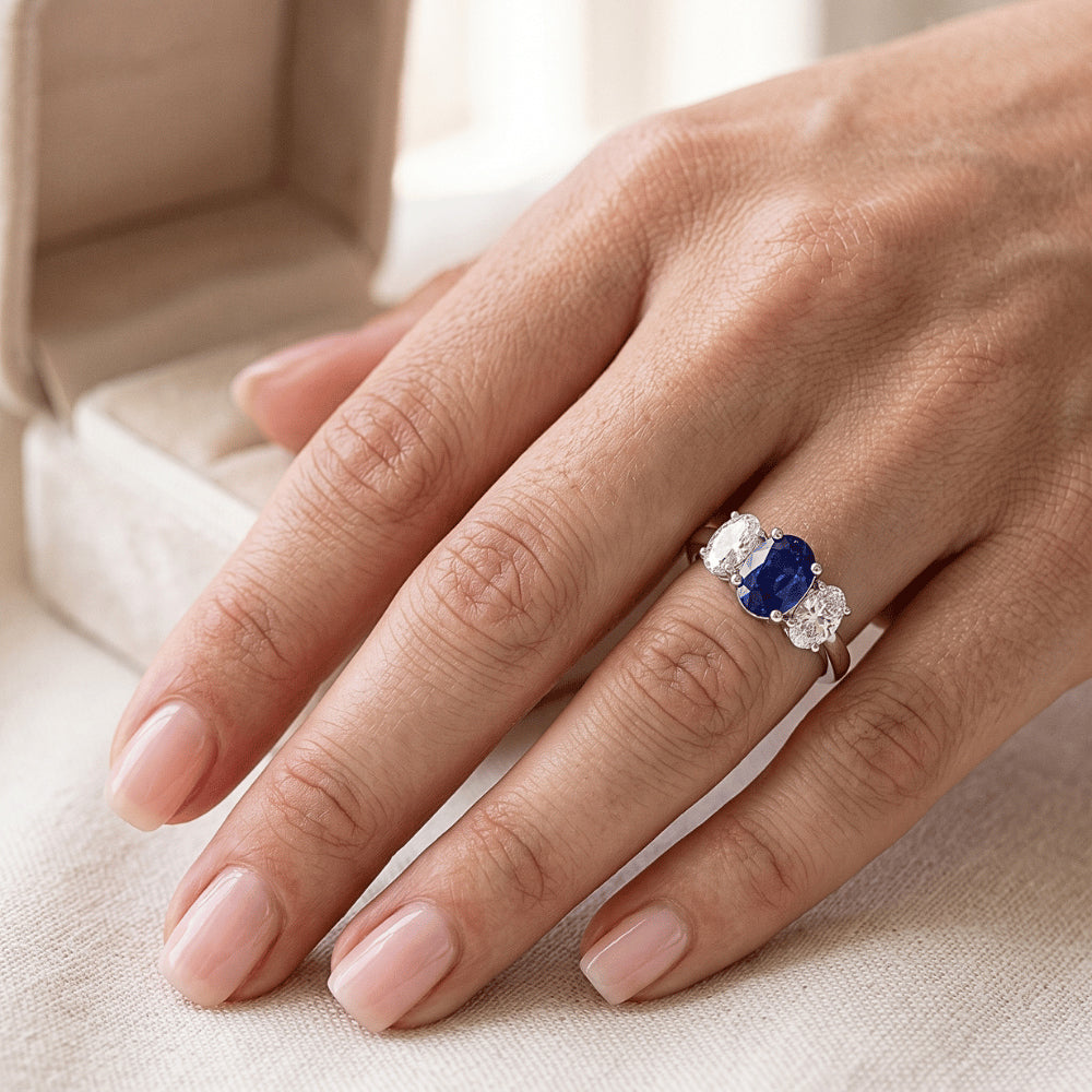 3 Stone Wedding Ring Oval Sapphire 2.50 Carats Tapered Shank Natural Earth Mined Diamonds