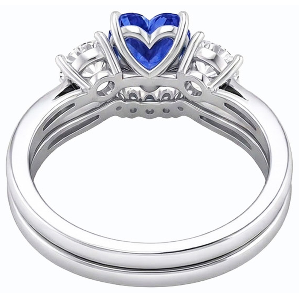 3 Stone Wedding Ring Set Heart Blue Sapphire & Round Natural Earth Mined Diamonds 3 Carats
