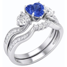 3 Stone Wedding Ring Set Heart Blue Sapphire & Round Natural Earth Mined Diamonds 3 Carats