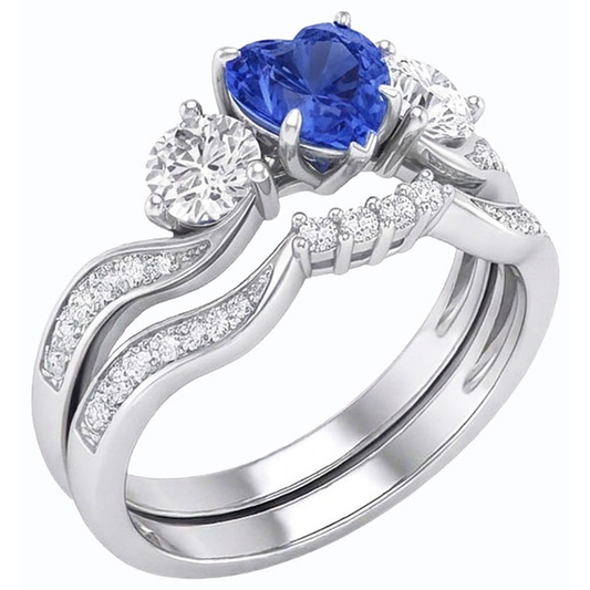 3 Stone Wedding Ring Set Heart Blue Sapphire & Round Natural Earth Mined Diamonds 3 Carats