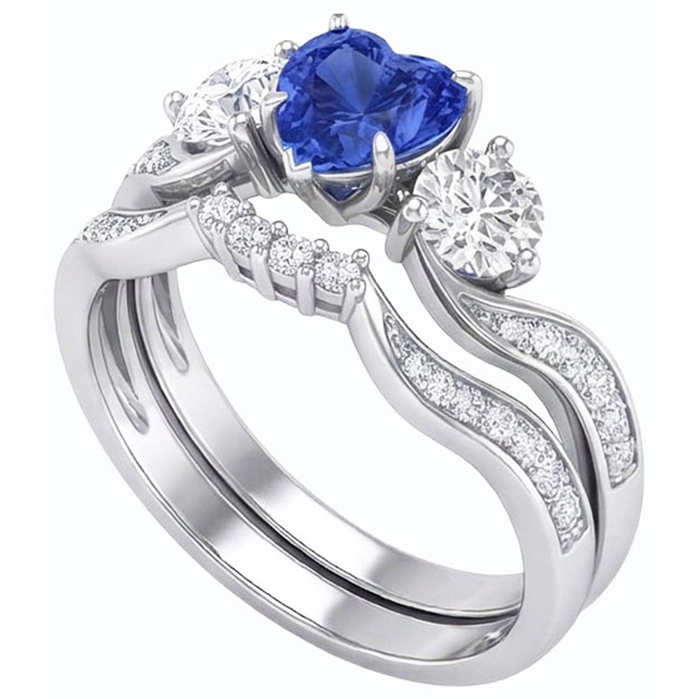 3 Stone Wedding Ring Set Heart Blue Sapphire & Round Natural Earth Mined Diamonds 3 Carats