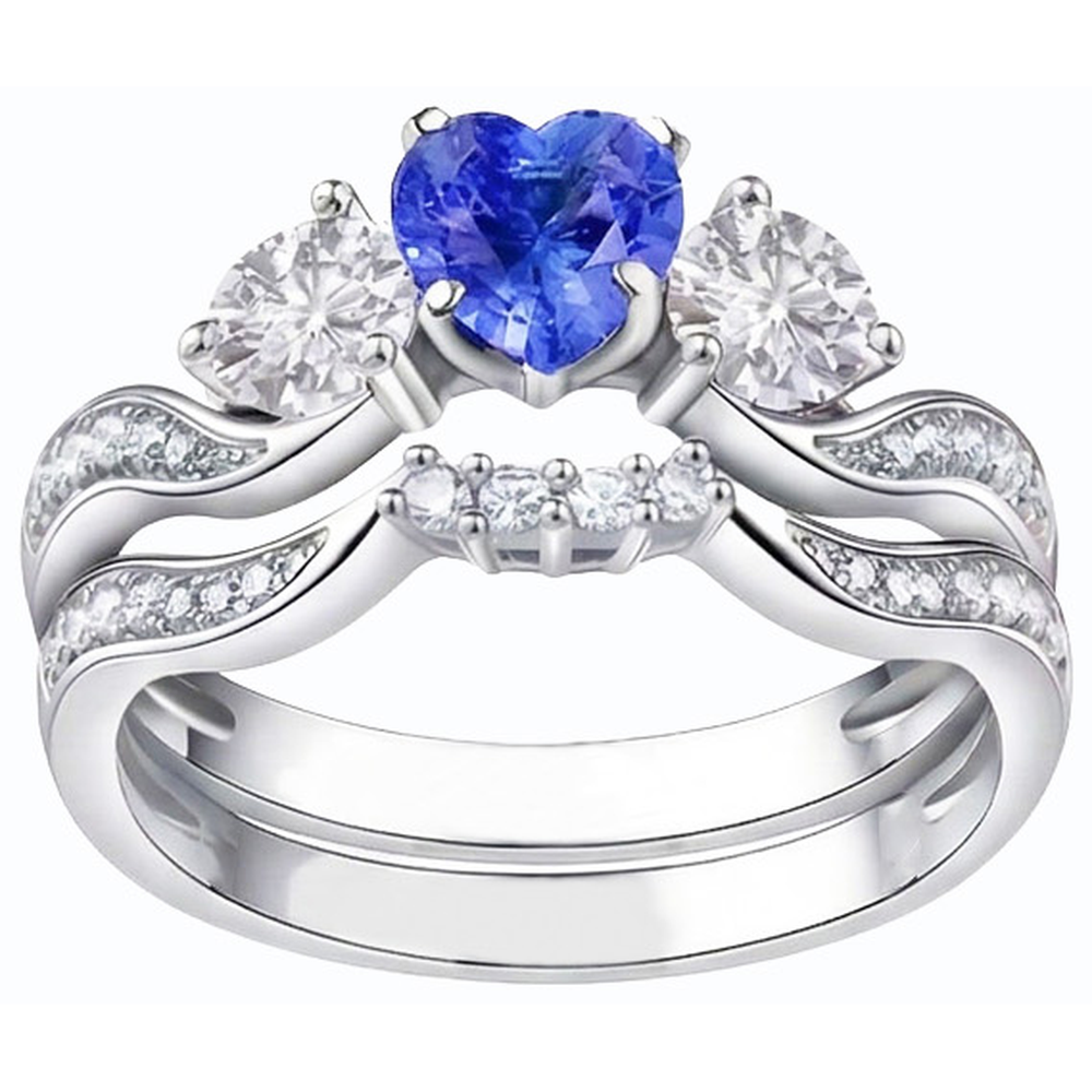 3 Stone Wedding Ring Set Heart Blue Sapphire & Round Natural Earth Mined Diamonds 3 Carats