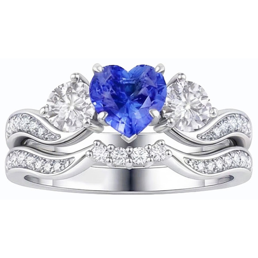 3 Stone Wedding Ring Set Heart Blue Sapphire & Round Natural Earth Mined Diamonds 3 Carats