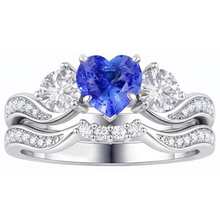 3 Stone Wedding Ring Set Heart Blue Sapphire & Round Natural Earth Mined Diamonds 3 Carats