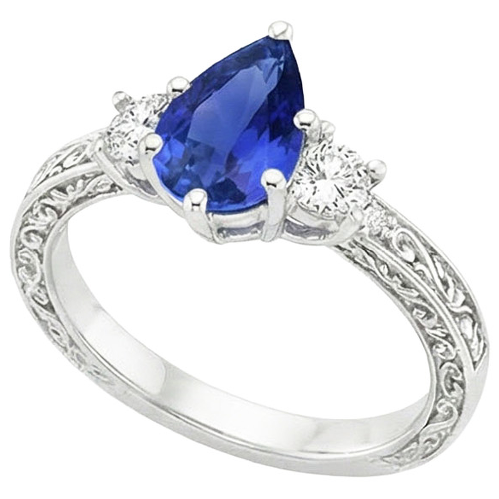 3 Stones Ring Antique Style Pear Blue Sapphire & Natural Earth Mined Diamonds 3.50 Carats