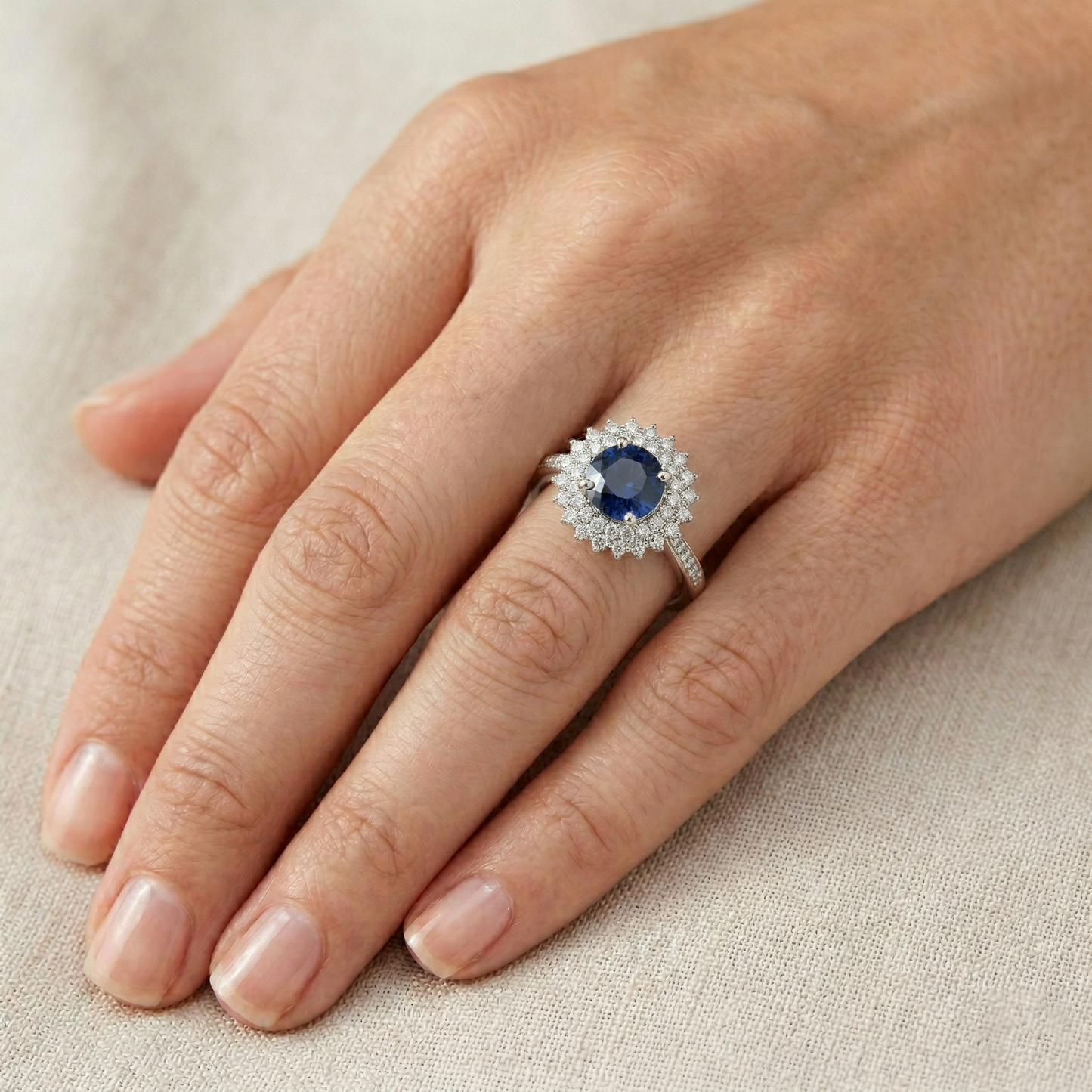3.10 Ct Round Ceylon Blue Sapphire & Natural Earth Mined DIAMOND ( NOT LAB GROWN )s Ring WG 14K
