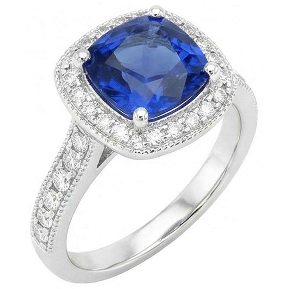 3.70 Ct Ceylon Blue Sapphire Natural Earth Mined DIAMOND ( NOT LAB GROWN ) Ring White Gold 14K