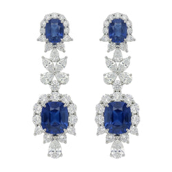 30 Carat Ceylon Sapphire & Natural Earth Mined Diamonds Dangle Pair Earrings