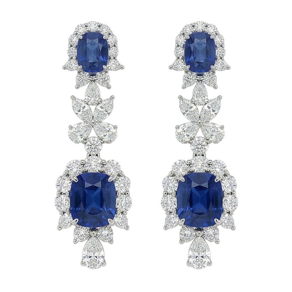 30 Carat Ceylon Sapphire & Natural Earth Mined Diamonds Dangle Pair Earrings