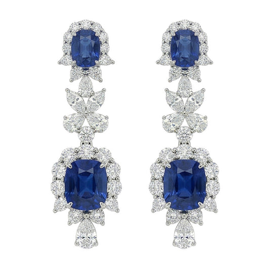 30 Carat Ceylon Sapphire & Natural Earth Mined Diamonds Dangle Pair Earrings