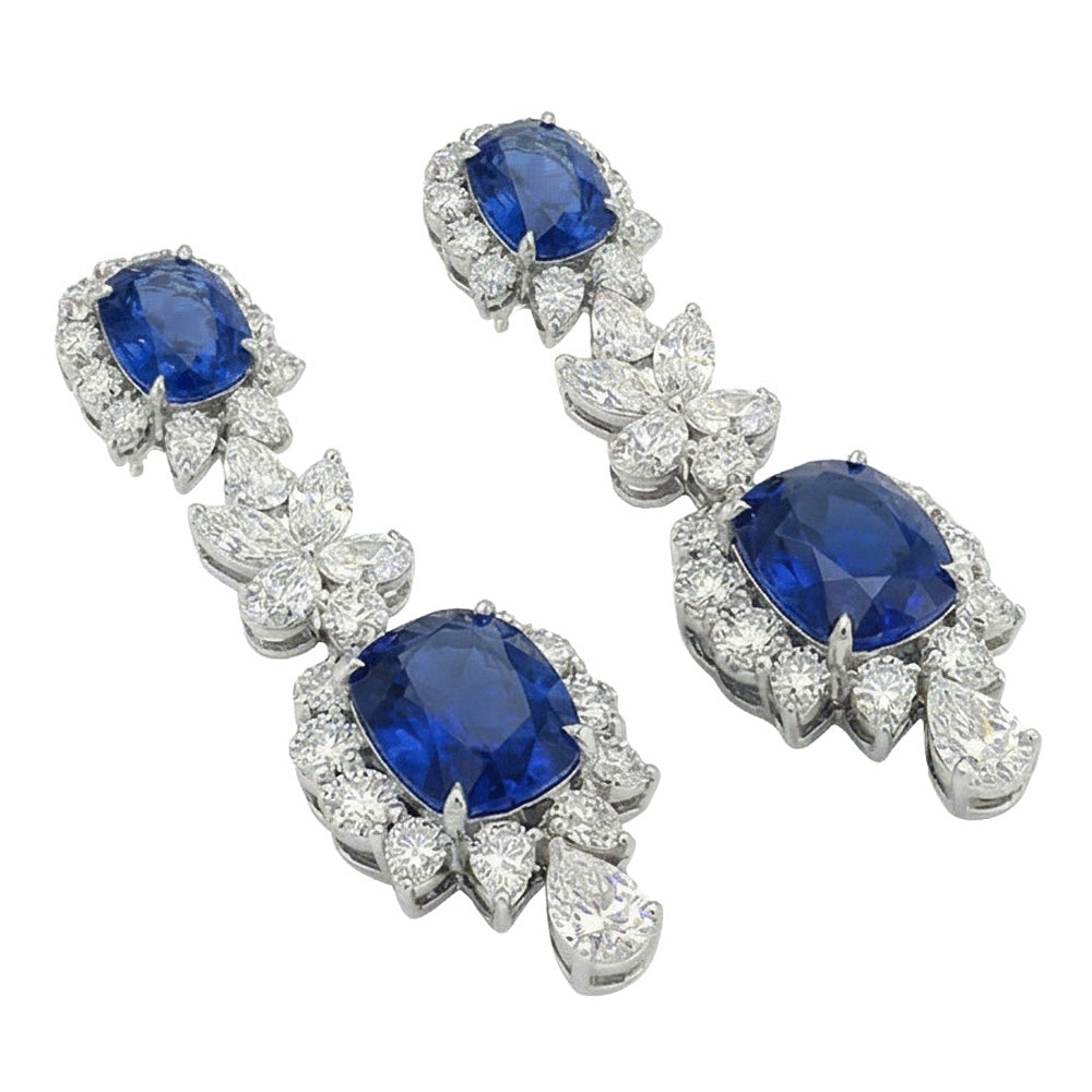 30 Carat Ceylon Sapphire & Natural Earth Mined Diamonds Dangle Pair Earrings