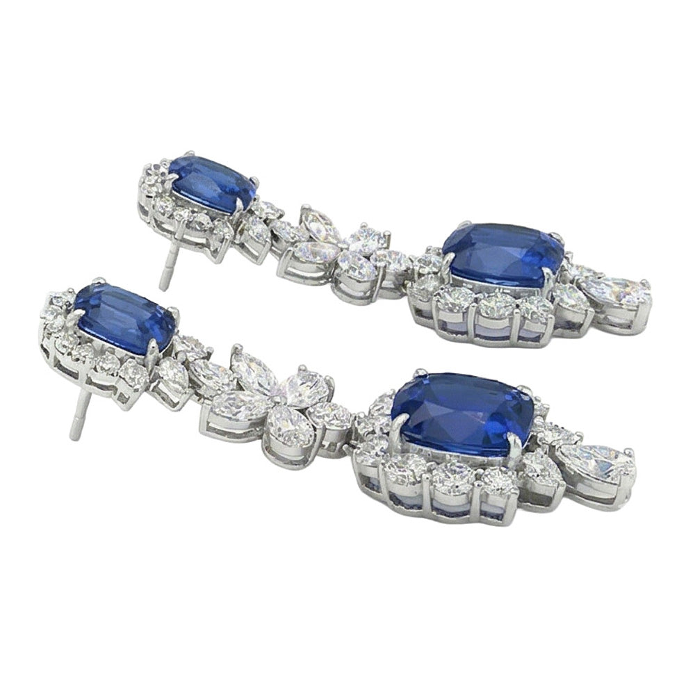 30 Carat Ceylon Sapphire & Natural Earth Mined Diamonds Dangle Pair Earrings