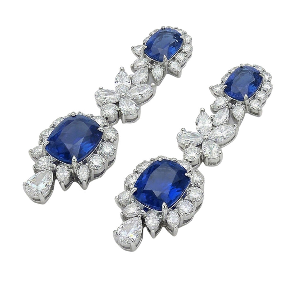 30 Carat Ceylon Sapphire & Natural Earth Mined Diamonds Dangle Pair Earrings