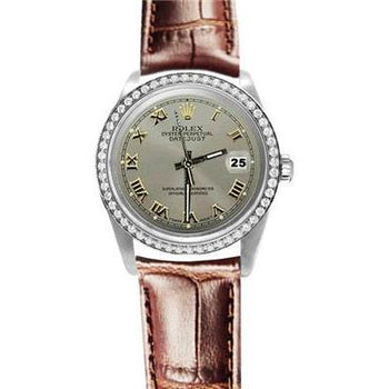 Diamond Bezel Gray Rolex Datejust Watch Brown Leather Band QUICK SET