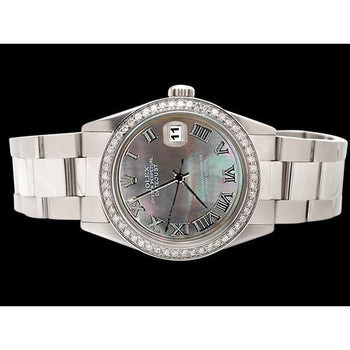 Diamond Bezel Gray Roman Dial Ss Datejust Watch Rolex QUICK SET
