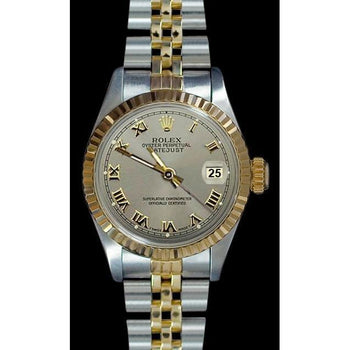 Gray Roman Dial Fluted Bezel Datejust Rolex Lady Watch Two Tone