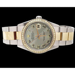 Gray Roman Dial Datejust Watch Rolex Ss & Gold Diamond Bezel QUICK SET