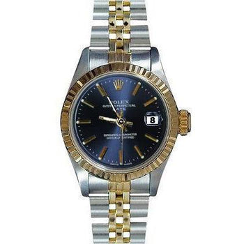 Rolex Date Watch Ss & Gold Jubilee Bracelet Blue Stick Fluted Bezel
