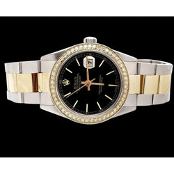 Perpetual Date Just Watch Rolex Ss & Gold Black Stick Dial QUICK SET