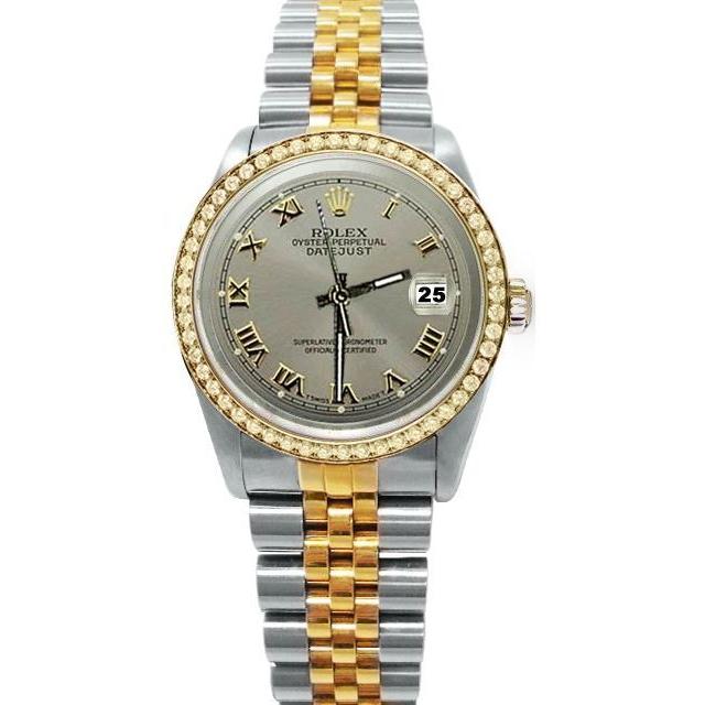 Gray Roman Dial Natural Earth Mined Diamond Bezel Rolex Datejust Watch Gold & Ss QUICK SET